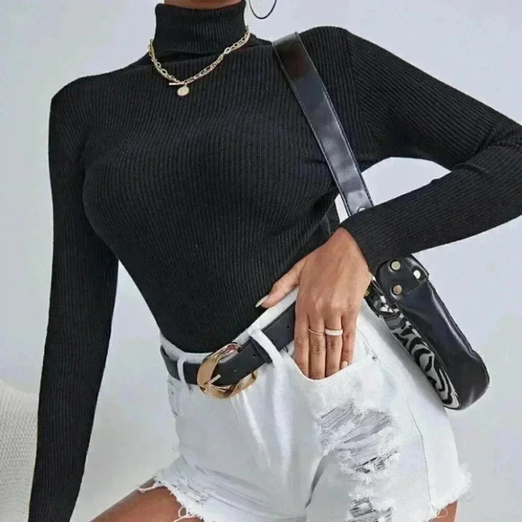 Black Preppy High Neck turtleneck  Rib Knit Sweater top - Picture 4 of 6